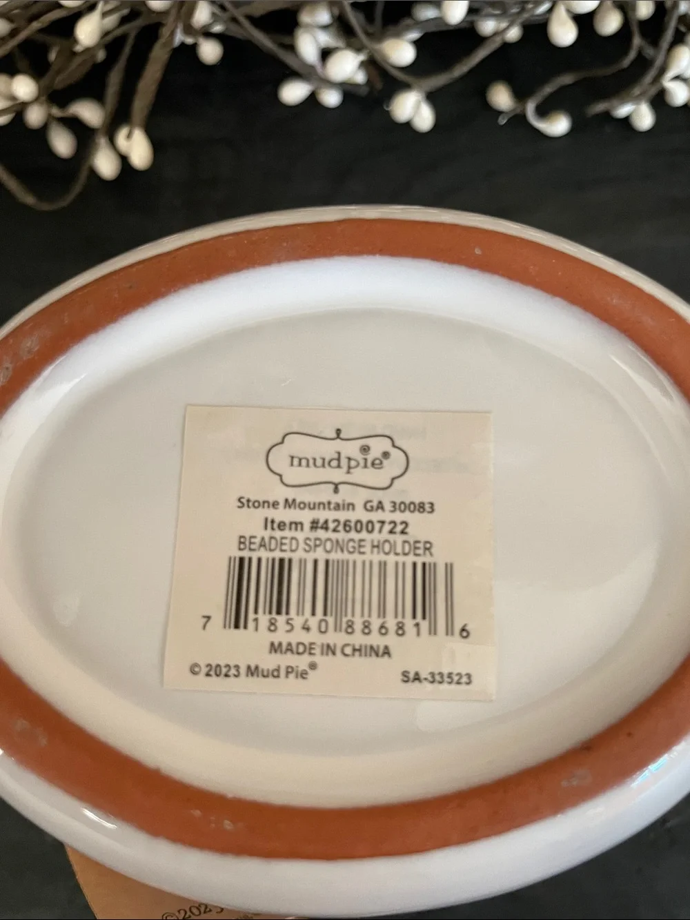 NWT Mud Pie White Beaded Stoneware Sponge Holder